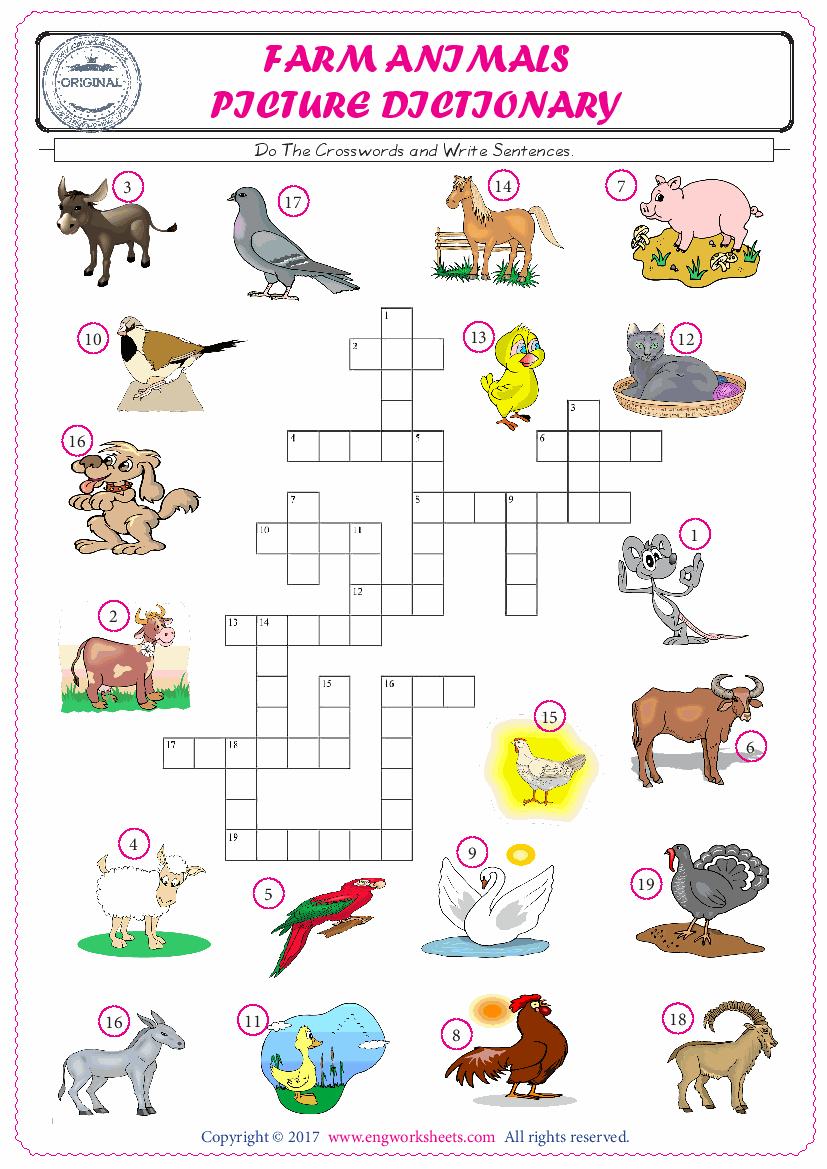  ESL printable worksheet for kids, supply the missing words of the crossword by using the Farm Animals picture. 